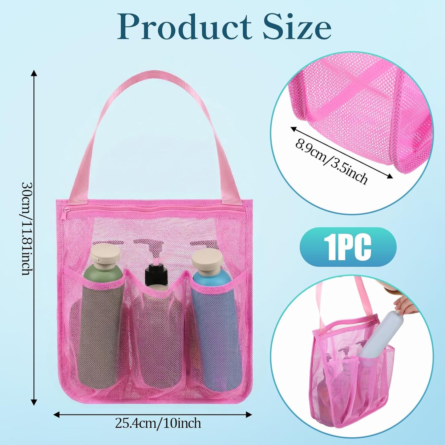 Small Shower Caddy, Portable Pink Mesh Shower Bag, Bathroom Showers Caddy for Gym, Travel, Toiletry, Camp, Swimming (11.8x10x3.5in)