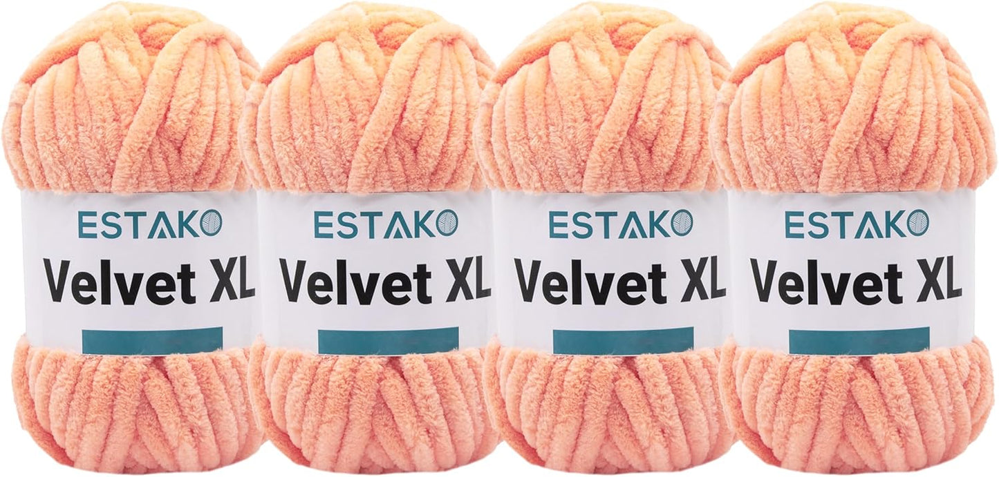Estako Velvet XL (4 Skeins Pack) 100% Polyester Super Bulky Weight #6 Chenille Blanket amigurumi Yarn for Crocheting and Knitting (4 x 3.,53 oz) / (4 x 55 yrds) (10215 - Peach)