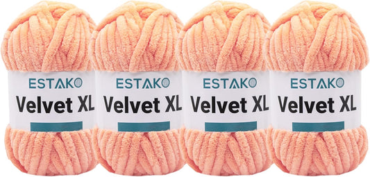 Estako Velvet XL (4 Skeins Pack) 100% Polyester Super Bulky Weight #6 Chenille Blanket amigurumi Yarn for Crocheting and Knitting (4 x 3.,53 oz) / (4 x 55 yrds) (10215 - Peach)