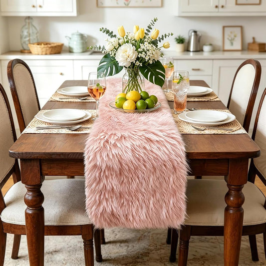 yuboo Blush Pink Pastel Table Runner 72 inches, Spring Summer Faux Fur Dresser Runners Cover Top for Bedroom, Dining Table, Pastel Pink Table Cover, Coquette Room Decor Aesthetic