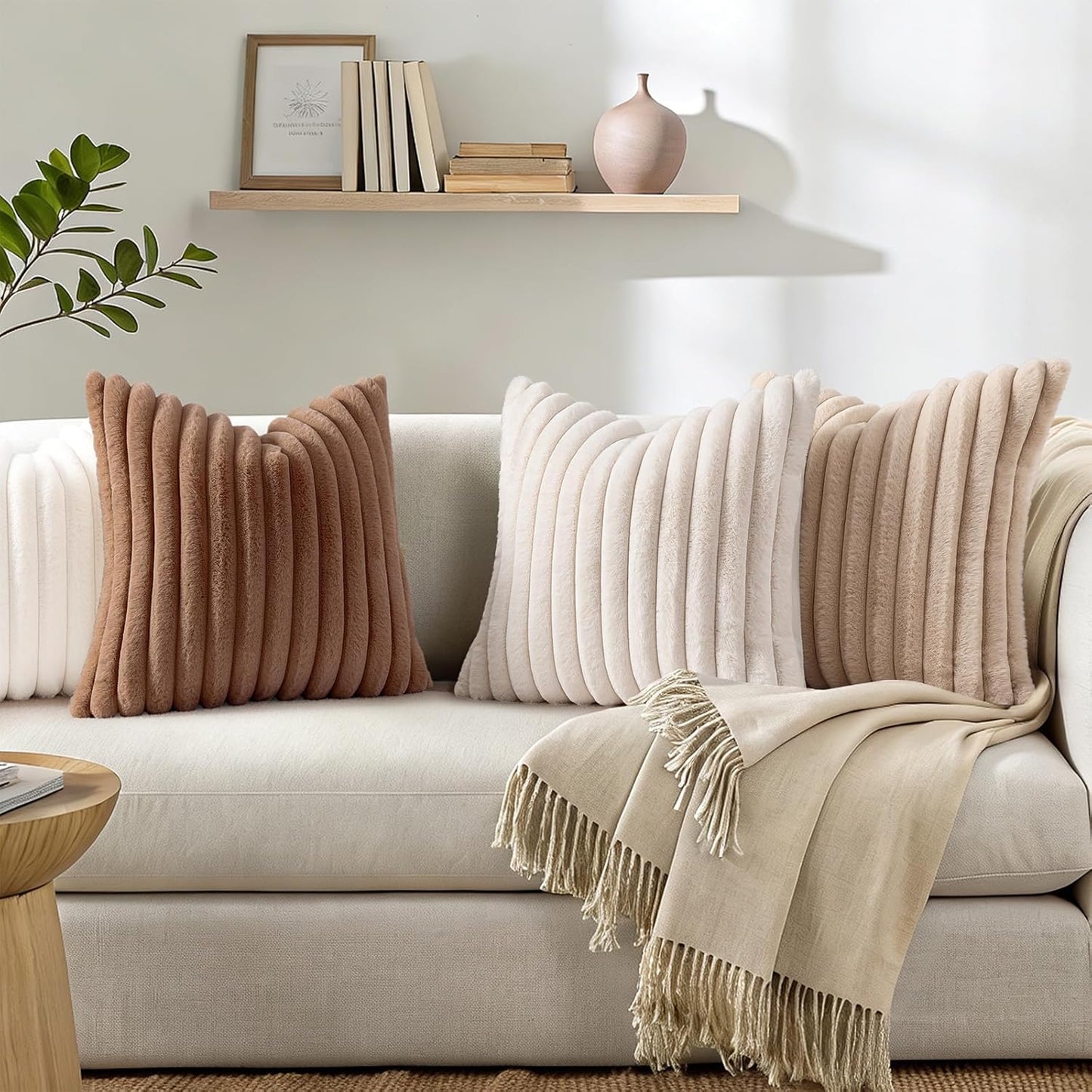 Simmore Faux Fur Couch Throw Pillow Covers 18x18 Set of 2, Decorative Soft Striped Plush Pillow Covers with Velvet Back for Sofa Bed Living Room, Pink