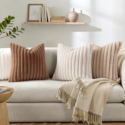 Simmore Faux Fur Couch Throw Pillow Covers 18x18 Set of 2, Decorative Soft Striped Plush Pillow Covers with Velvet Back for Sofa Bed Living Room, Pink