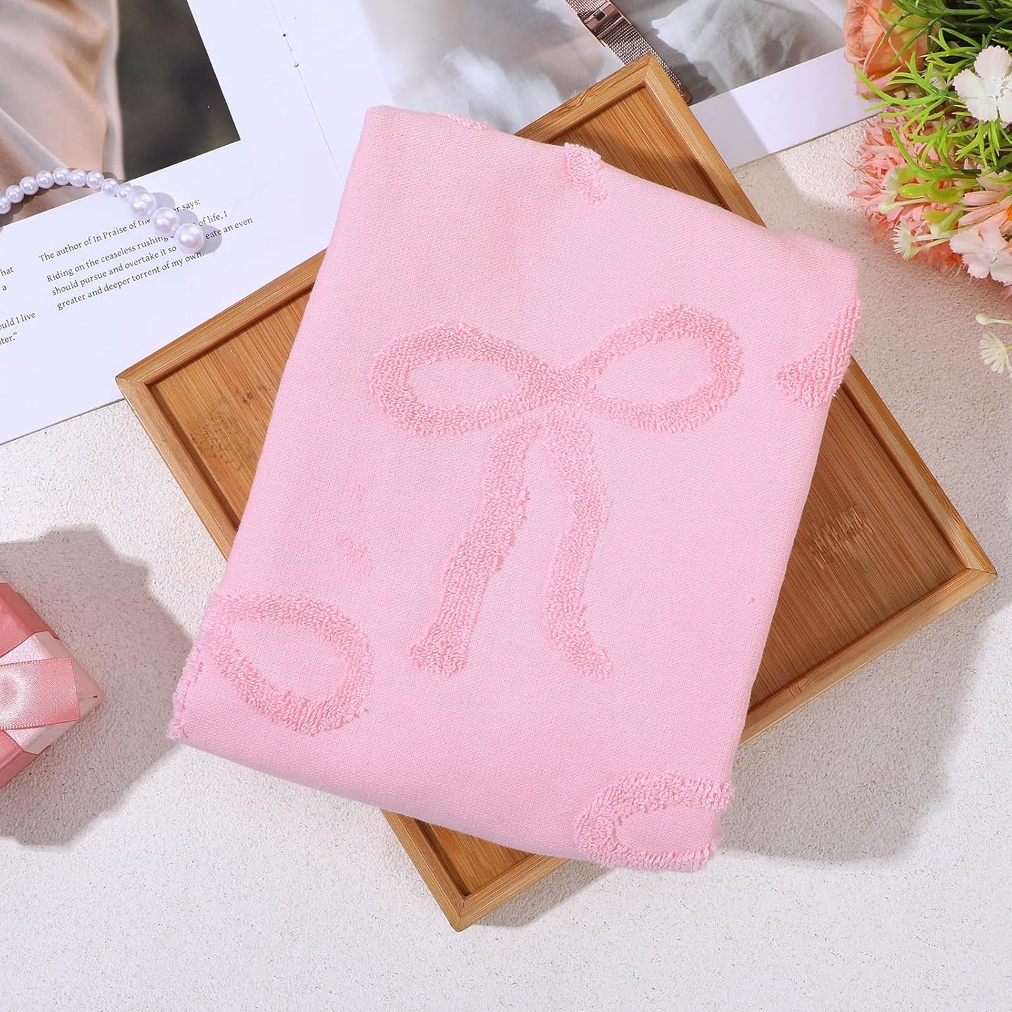 Kifmurase 2PCS Pink Hand Towels for Girl Bathroom Decor, Pink Bow Face Towels Cotton Soft Absorbent Decorative Jacquard Facecloth, Cute Bath Towel for Kitchen Bathroom Decor, 29.5 × 13 inch