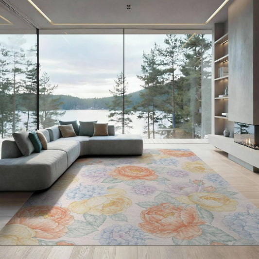 8'x10' Washable Cottagecore Floral Area Rug, Peach Foldable Oversized Carpet Non-Slip Flatwoven Floor Covering for Living Room, Under Sectional, Family Room | Ref:1899611
