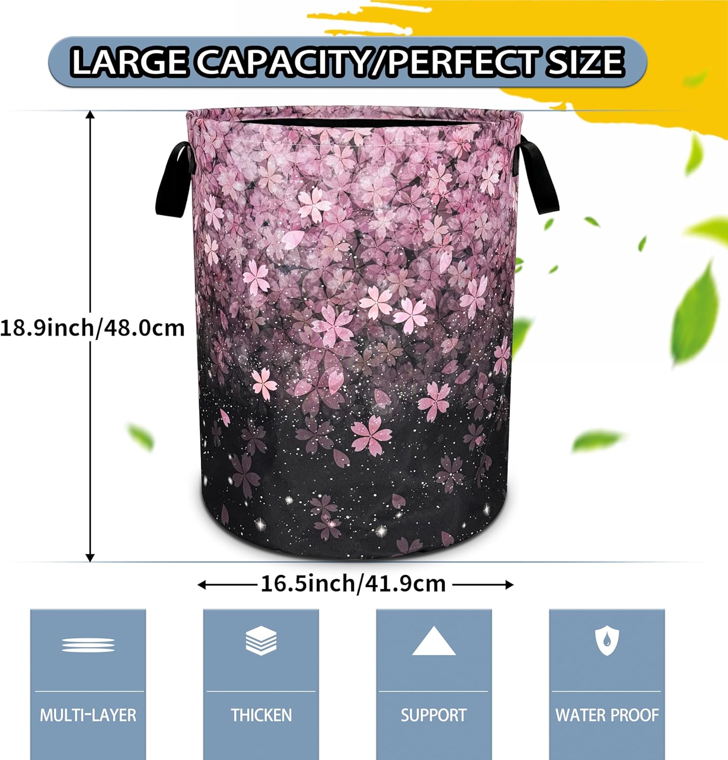 Cherry Blossoms Laundry Basket Pink Flowers Foldable Oxford Cloth Funny Tote Bag Laundry Hamper Clothes Storage Bucket Organizer For Bathroom/Laundry Storage/Bedroom 18.9x16.5 Inch