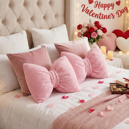 Beeveer 2 Pcs Pink Bow Pillows Decorative 15.35 x 11.4 Fluffy Cute Bow Throw Pillows Aesthetic Girly Preppy Decor for Couch Bed Bedroom Coquette Room Decor