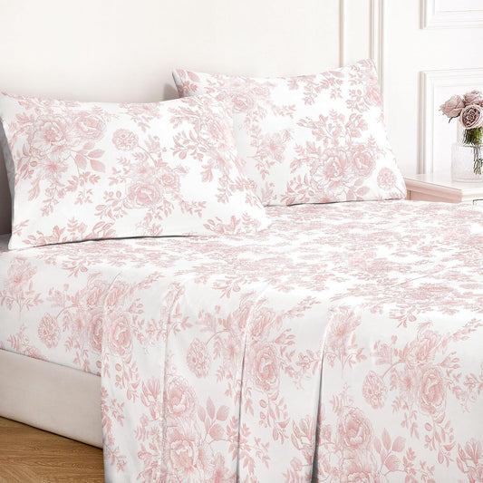 Wake In Cloud - Floral Bed Sheets, 4-Piece Sheet Set, Shabby Chic Cottagecore Coquette Style with Vintage Flower Pattern Printed Bedding, Deep Pocket, Pink White, Full Size