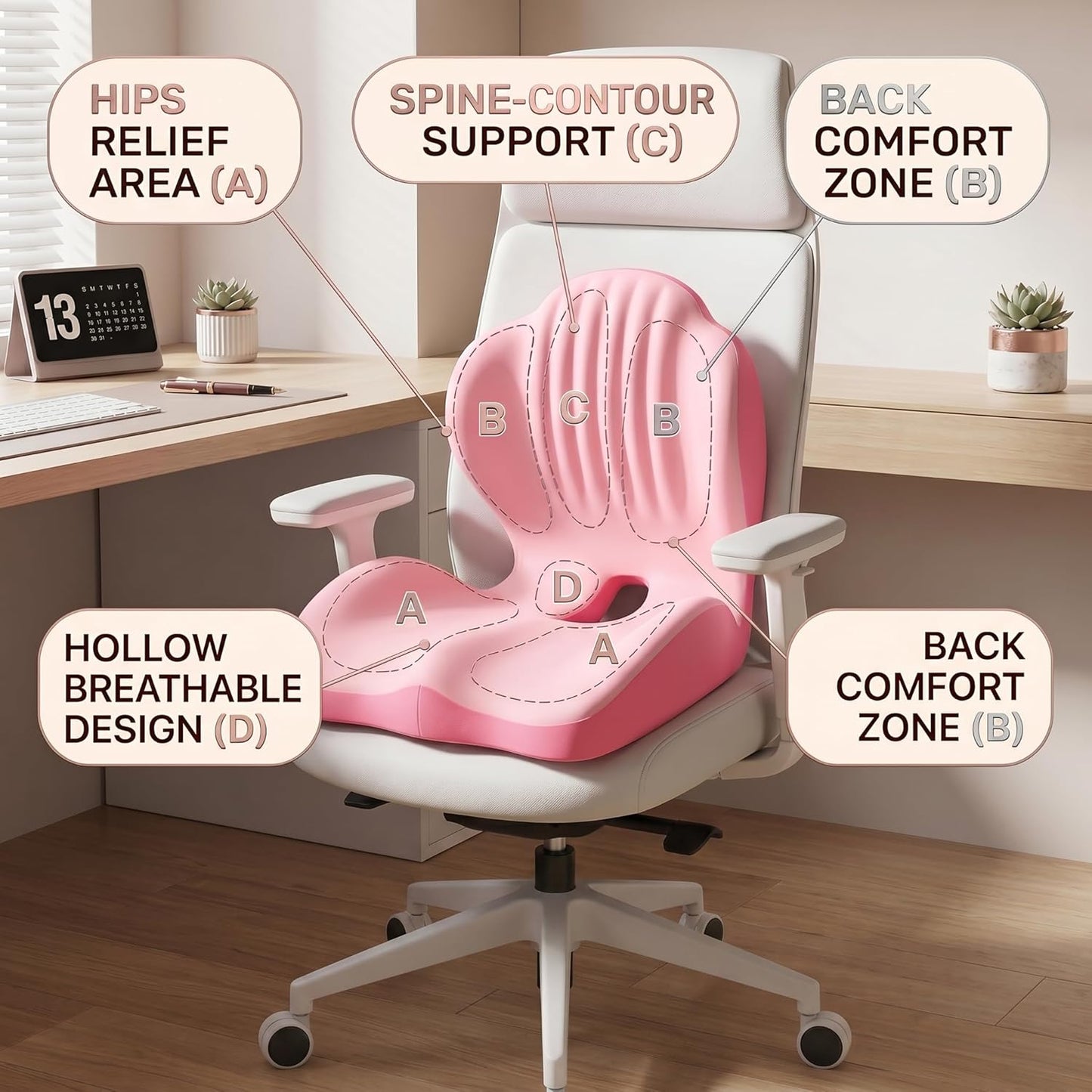 Ergonomic Seat Cushion,Lumbar Support for Office Chair, Memory Foam Chair Cushion for Car Seat,Long Sitting Comfort & Posture Support (Pink)