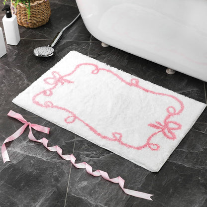 Tinideya 32"x20" Microfiber Bathroom Rugs White Cute Bath Rug with Pink Bowknot for Bathtub, Sink, Shower, Living Room, Kitchen, Anti Slip, Absorbent