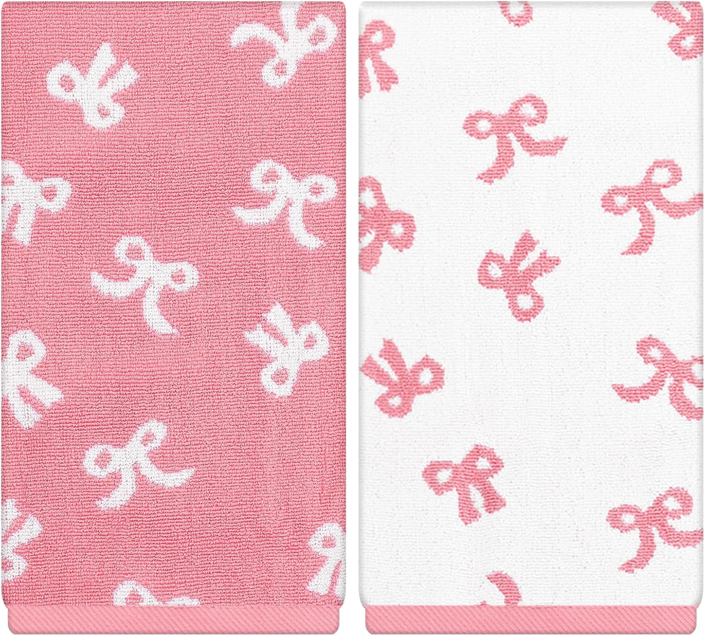 FYSUIMU 2Pcs Pink Bow Hand Towels for Bathroom Cute White Pink Bowknot Embroidered Cotton Soft Decorative Dish Towels for Drying Cooking Kitchen Cleaning Bridal Shower Wedding Gift Set, 29.5 x 13.7 In