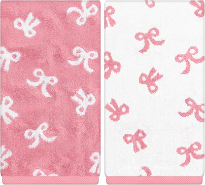 FYSUIMU 2Pcs Pink Bow Hand Towels for Bathroom Cute White Pink Bowknot Embroidered Cotton Soft Decorative Dish Towels for Drying Cooking Kitchen Cleaning Bridal Shower Wedding Gift Set, 29.5 x 13.7 In
