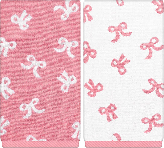 FYSUIMU 2Pcs Pink Bow Hand Towels for Bathroom Cute White Pink Bowknot Embroidered Cotton Soft Decorative Dish Towels for Drying Cooking Kitchen Cleaning Bridal Shower Wedding Gift Set, 29.5 x 13.7 In
