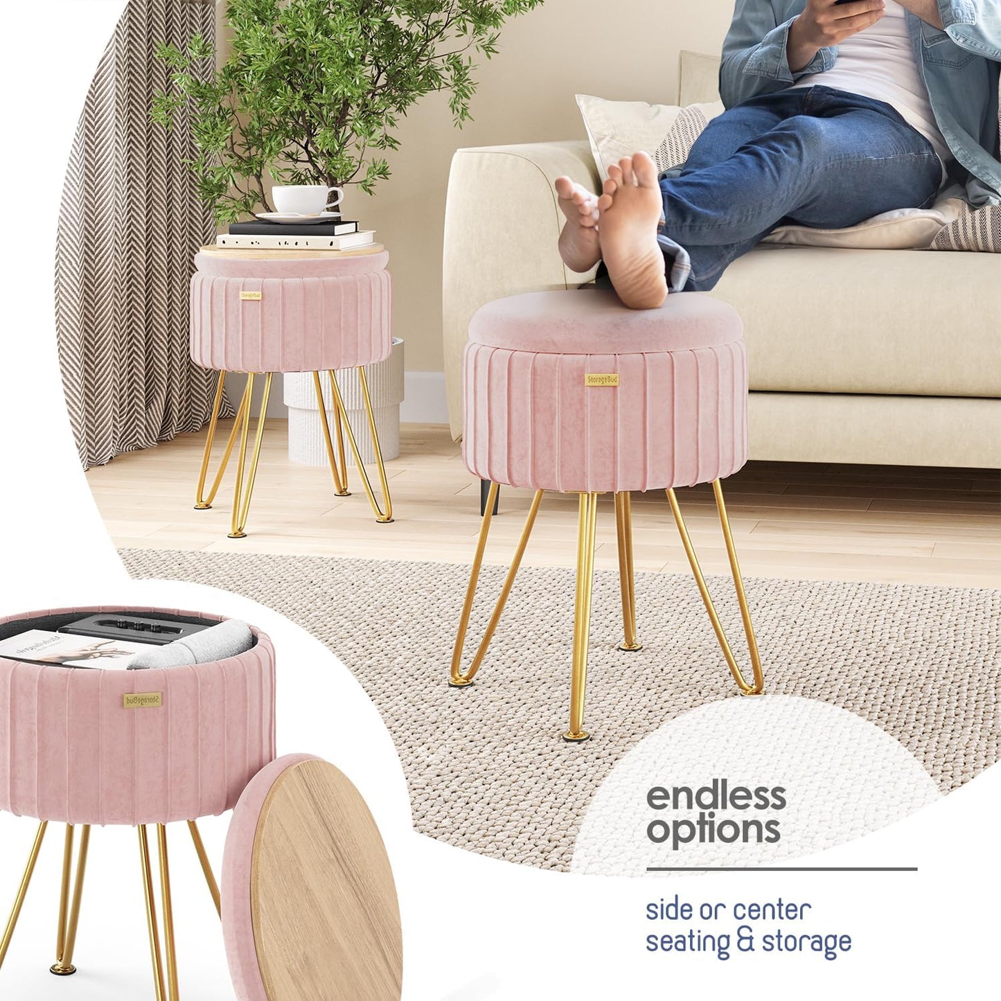 Round Ottoman with Storage, Pleated Velvet Storage Ottoman, Foot Stool Ottomans, Makeup Vanity Stool, Small Ottomans Foot Rest, Modern Vanity Stools for Living Room and Bedroom, Pink