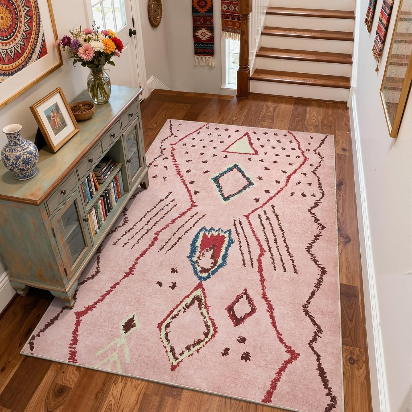 jinchan 5x7 Area Rug Pink Washable Modern Boho Rug Geometric Hot Nerd Floor Rug Soft Low Pile Floor Cover Non Slip Accent Mat Lightweight Cozy Carpet for Living Room Bedroom Dining Room Study Dorm