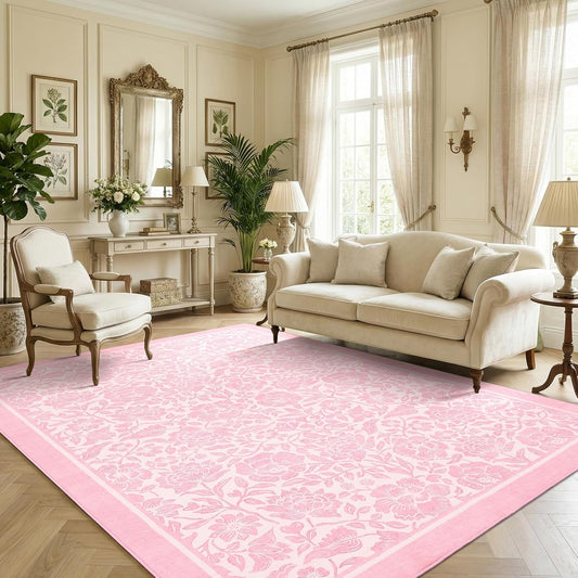 Garvee Pink Floral 5x7 Rug Washable Boho Rugs for Living Room Non-Slip Vintage Flower Soft Low Pile Nursery Rugs for Bedroom Girls Room Kids Room playroom Dining Room Dorm