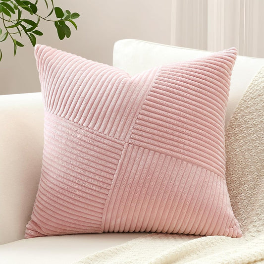 OTOSTAR Set of 1 Decorative Throw Pillow Cover Soft Corduroy Solid Square Pillow Cases Boho Striped Windmill Patchwork Textured Cushion Cover for Sofa Car Bed Living Room 18x18 Inch, Pink