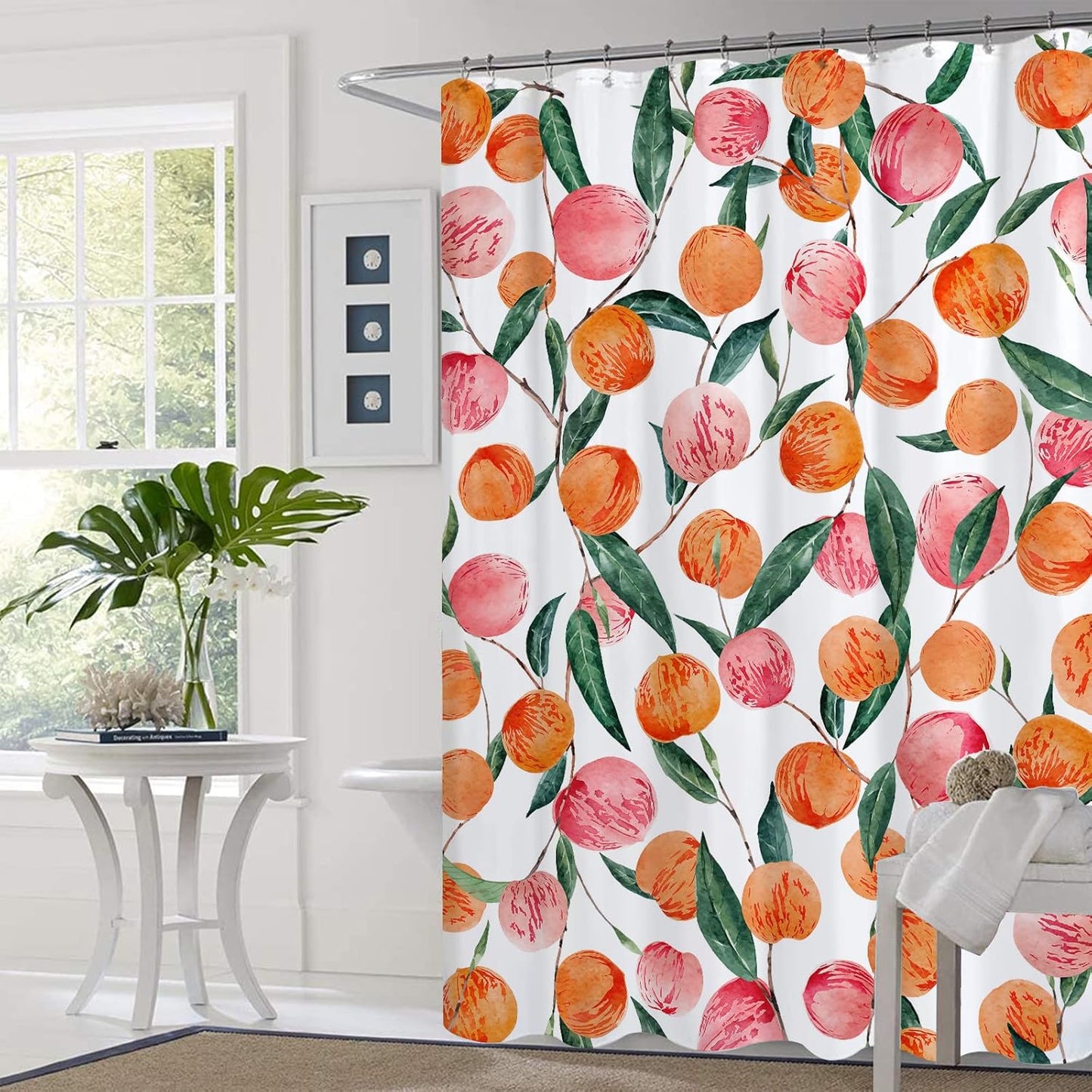 Pink Peach Shower Curtain Set Cute Watercolor Fruits Shower Curtains Waterproof Washable Shower Curtain 72"×72" with 12 Hooks Bathtubs Bathroom Accessories