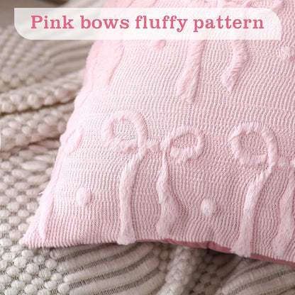 Mixweer Pink Bow Throw Pillow Covers 18x18 Set of 2 Coquette Decorative Pillow Covers Soft Plush Faux Wool Aesthetic Pillowcases Preppy Room Decor for Bed Sofa Couch Living Room