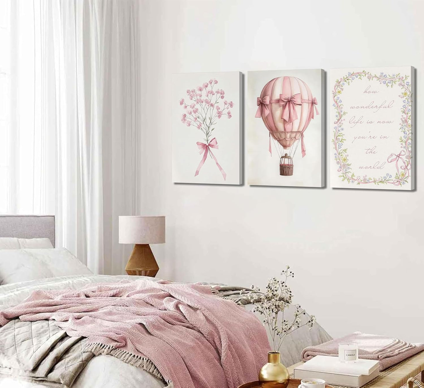 3Pcs Pink Nursery Canvas Wall Art Pictures Cute Baby Girls Room Posters Print Neutral Pink Bow Bouquet Hot Air Balloon Pastel Painting Wall Decor for Kids Room Little Girl Bedroom 12x16in Framed