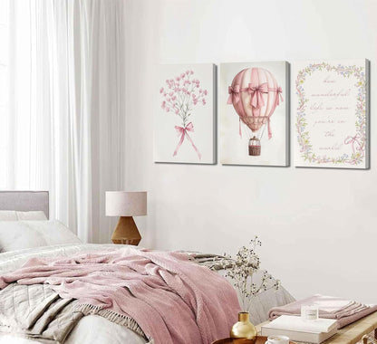 3Pcs Pink Nursery Canvas Wall Art Pictures Cute Baby Girls Room Posters Print Neutral Pink Bow Bouquet Hot Air Balloon Pastel Painting Wall Decor for Kids Room Little Girl Bedroom 12x16in Framed
