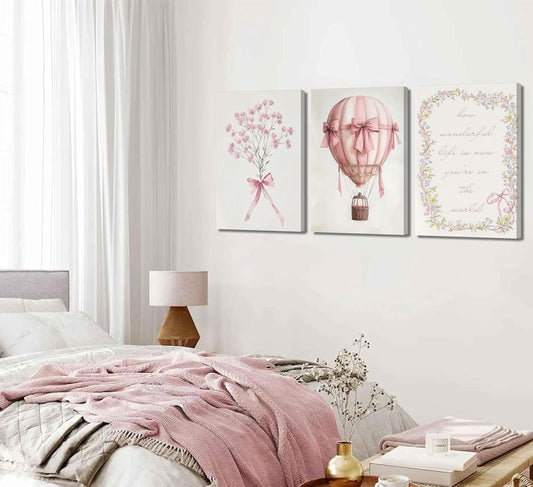 3Pcs Pink Nursery Canvas Wall Art Pictures Cute Baby Girls Room Posters Print Neutral Pink Bow Bouquet Hot Air Balloon Pastel Painting Wall Decor for Kids Room Little Girl Bedroom 12x16in Framed
