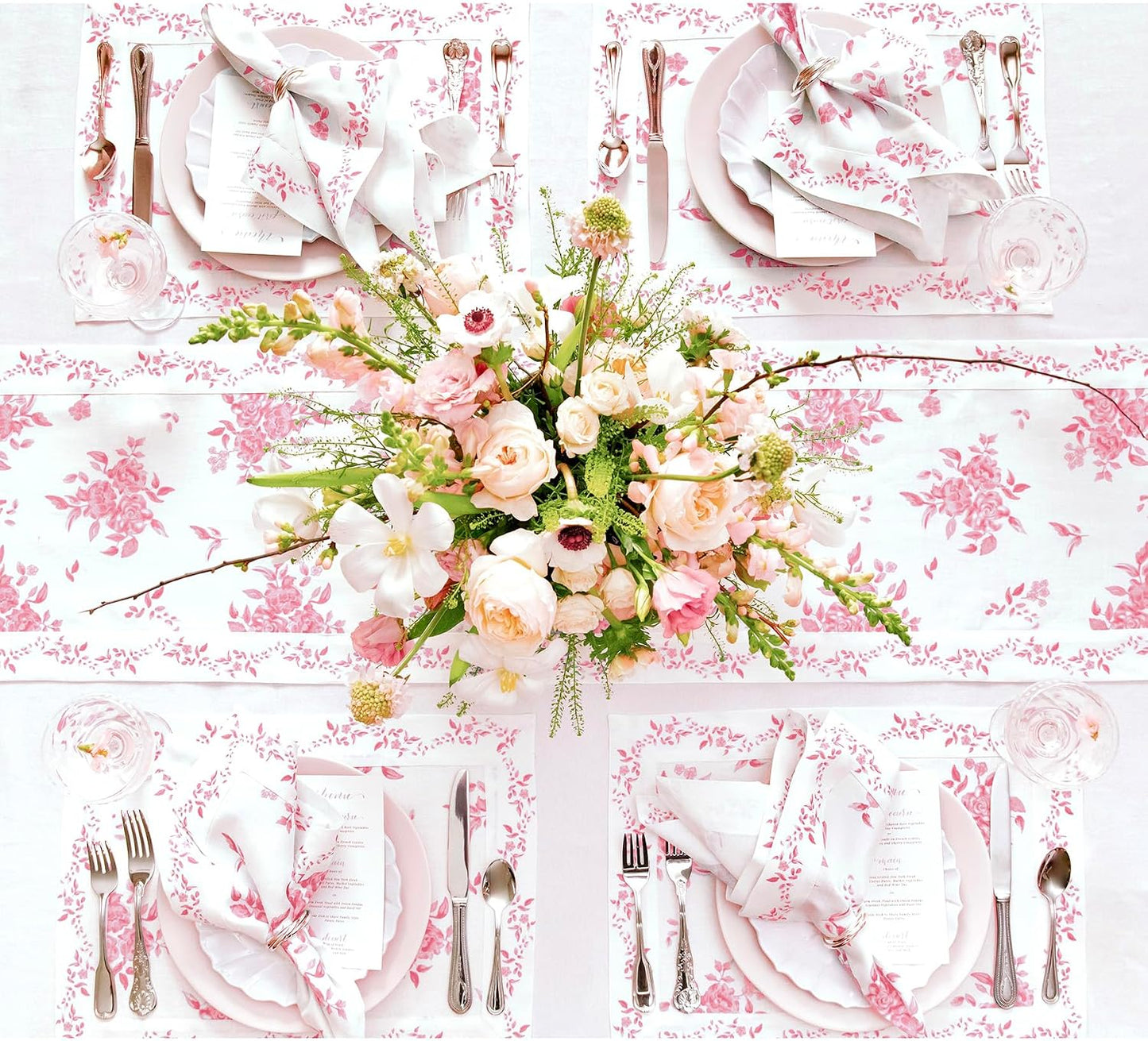 Solino Home Pink Floral Print Table Runner 72 Inches Long - 100% Pure Linen Table Runner 14 x 72 Inch for Spring, Summer - Handcrafted and Machine Washable - Jolie Fleur Print