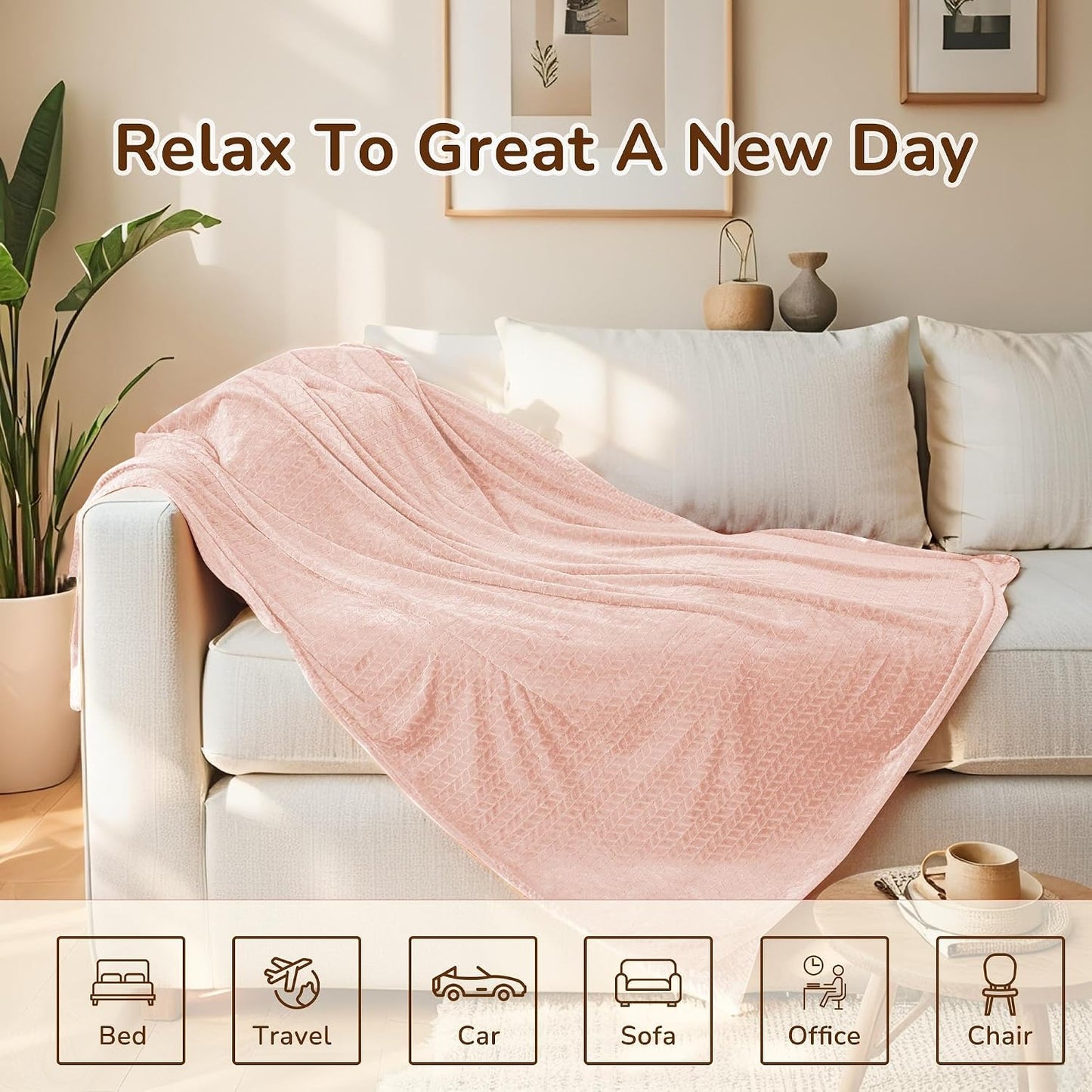 Flannel Throw Blanket 70x80 inches, Cozy for Couch & Bed, Outdoor Camping Travel Blanket Pet Friendly, Room Decor for Spring Summer, Mothers Gifts, Pink