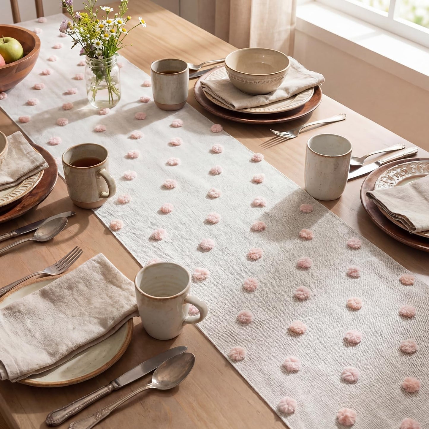 Artoid Mode Pink Pom Pom Tulle Table Runner, Seasonal Washable Kitchen Dining Table Decoration for Home Party Decor 12x72 Inch