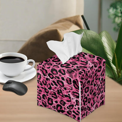 ZFRXIGN Leopard Print Tissue Box Covers Square Cube Tissue Box Covers Pink Tissue Box Cover for Bathroom Night Stand Office Vanity Countertop Leather Facial Paper Organizer Dispenser