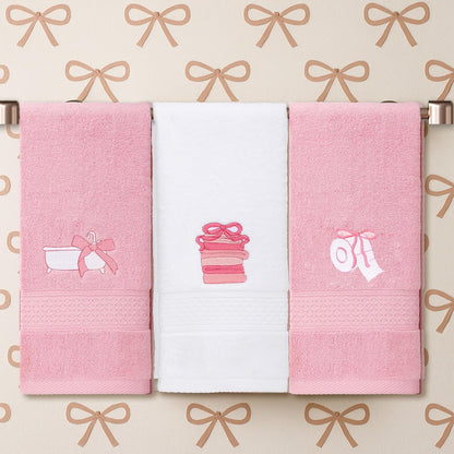Breling 3 Pcs Bow Towels for Bathroom, Coquett Pink Bowknot Kitchen Hand Towels 100% Cotton Soft Embroidered Home Decoration for Birthday Bridal Shower Wedding Gifts 13.3 x 29 Inch