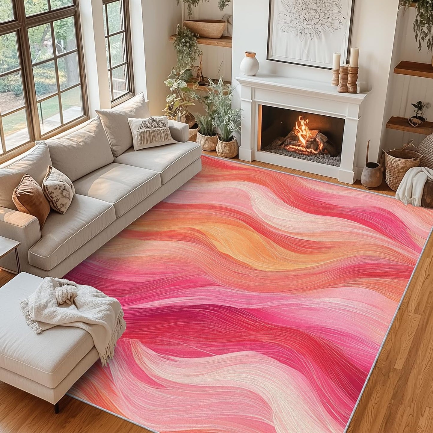 Washable Modern Art Rug 3x4, Modern Abstract Waves Rugs Living Room Bedroom Accessories, Soft Low Pile Non Slip Area Rug, Peach Pink Wave Home Decor Indoor Carpet zCb5
