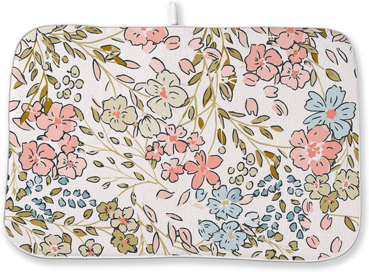 Spring Pink Blue Floral Dish Drying Mats 18x24 Inch Watercolor Wildflower Drying Mats Seasonal Summer Holiday Absorbent Dish Drying Pad for Kitchen Dining Room Counter Indoor Decorations