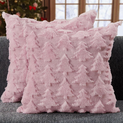 DFXSZ Christmas Pillow Covers 18x18 inch Set of 2 Pink Christmas Tree Decoration Soft Plush Faux Fur Jacquard Throw Pillows for Bedroom Sofa Holiday Festivals Winter Home Decor PTK070D18