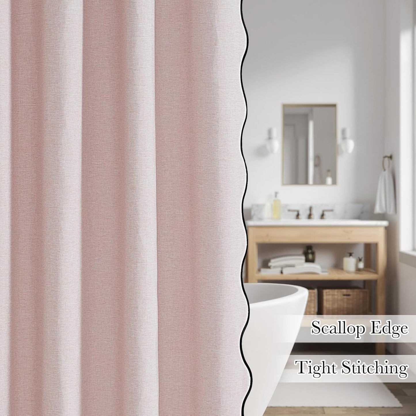 KGORGE Pink Shower Curtain Scalloped, Blush Cute Linen Textured Privacy Boho Heavy Duty Waterproof Washable Shower Curtain Set for Bathroom Home Decor with 12 Metal Hooks, 72 x 72 inches Long