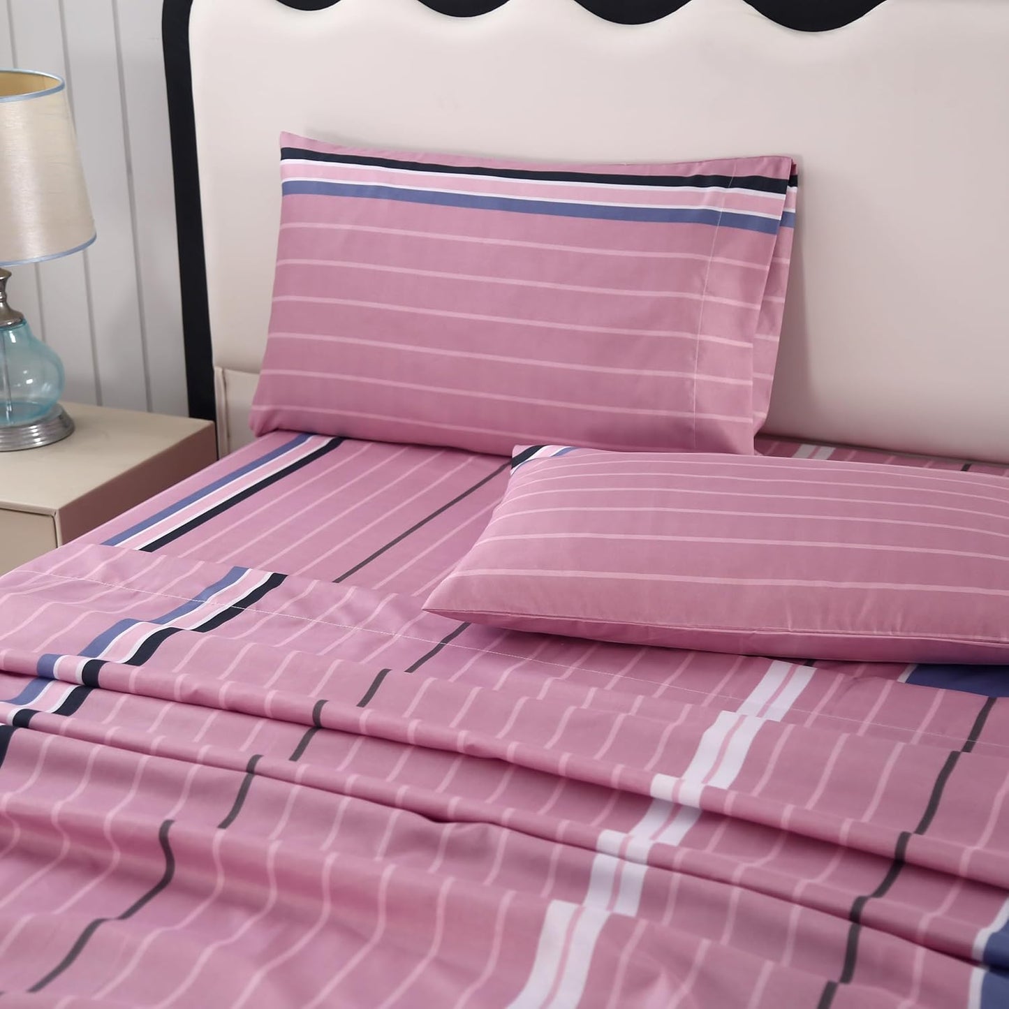SDIII 4 Pieces Pink Striped Full Sheets Set, Soft Microfiber Striped Sheets Full Size Deep Pocket, Hot Pink Stripe Bed Sheet All Season