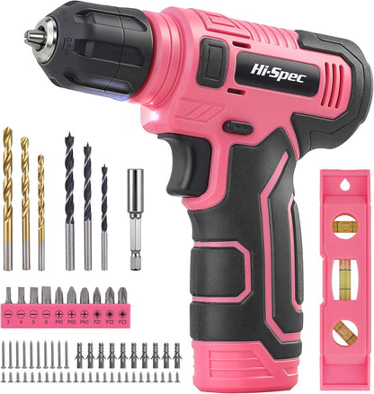 Hi-Spec 8V USB Pink Power Drill Driver & Screw Bit Set for Women. Ladies Cordless & Rechargeable Electric Drill Driver with Wall Hanging Kit