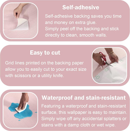 Peel and Stick Wallpaper, Grasscloth Textured, 24" x 394", Self-Adhesive Vinyl Linen Embossed Contact Paper for Walls, Cabinets, Bedroom (Pink)