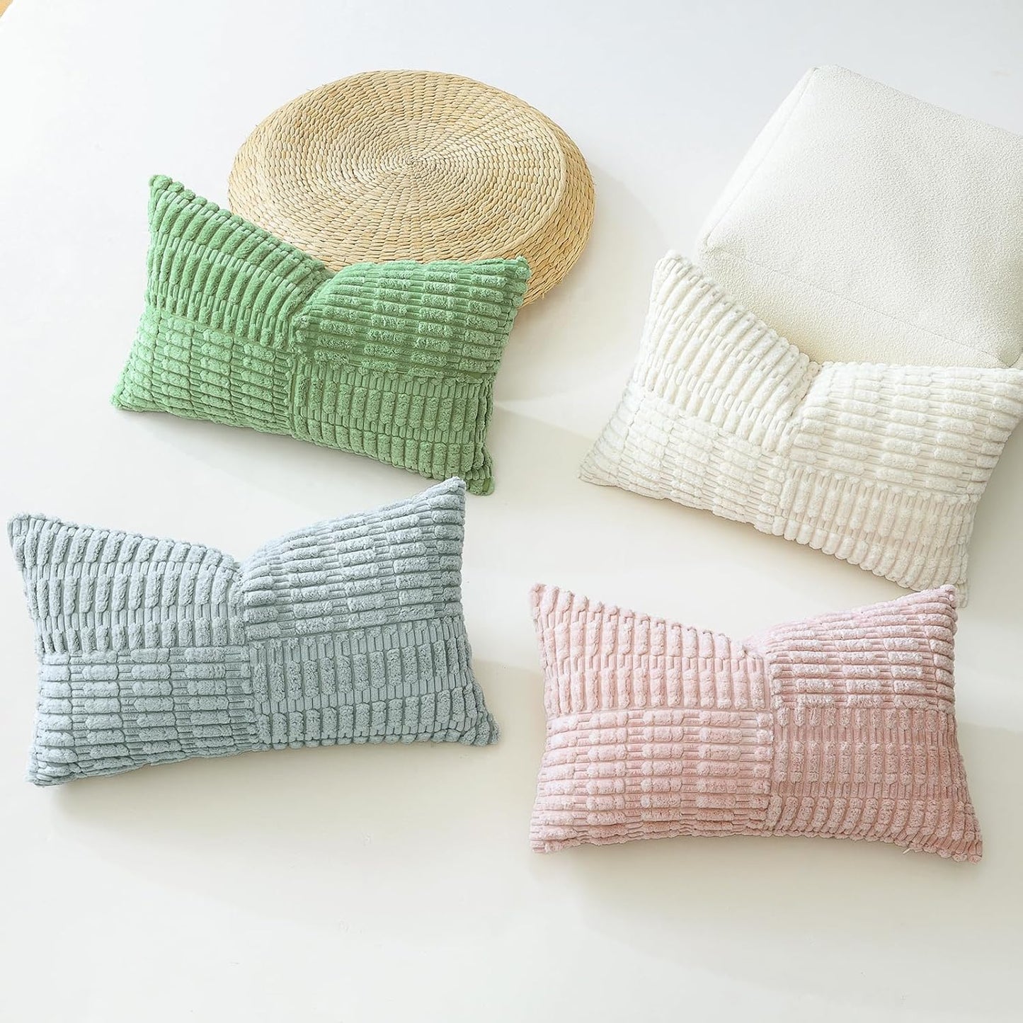 OTOSTAR Set of 1 Decorative Throw Pillow Cover Soft Corduroy Solid Lumbar Pillow Case Boho Striped Cross Patchwork Textured Farmhouse Cushion Cover for Sofa Car Patio Bed Living Room 12x20 Inch, Pink