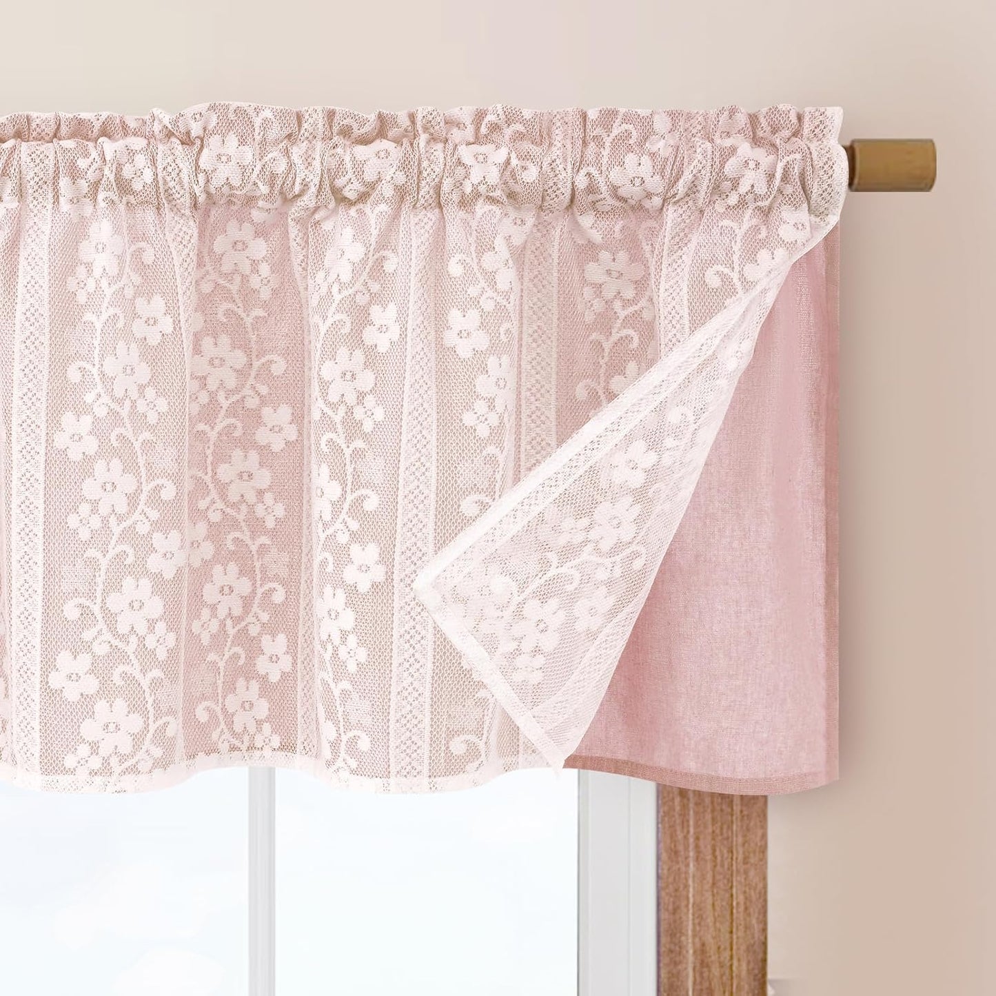 ASPMIZ Linen Valances for Windows Farmhouse, Double Layers Kitchen Curtains with Linen and Lace, Rustic Valance Curtains for Small Window, Kitchen, Bathroom, Cafe, 52 x 18 Inch Rod Pocket, Pink