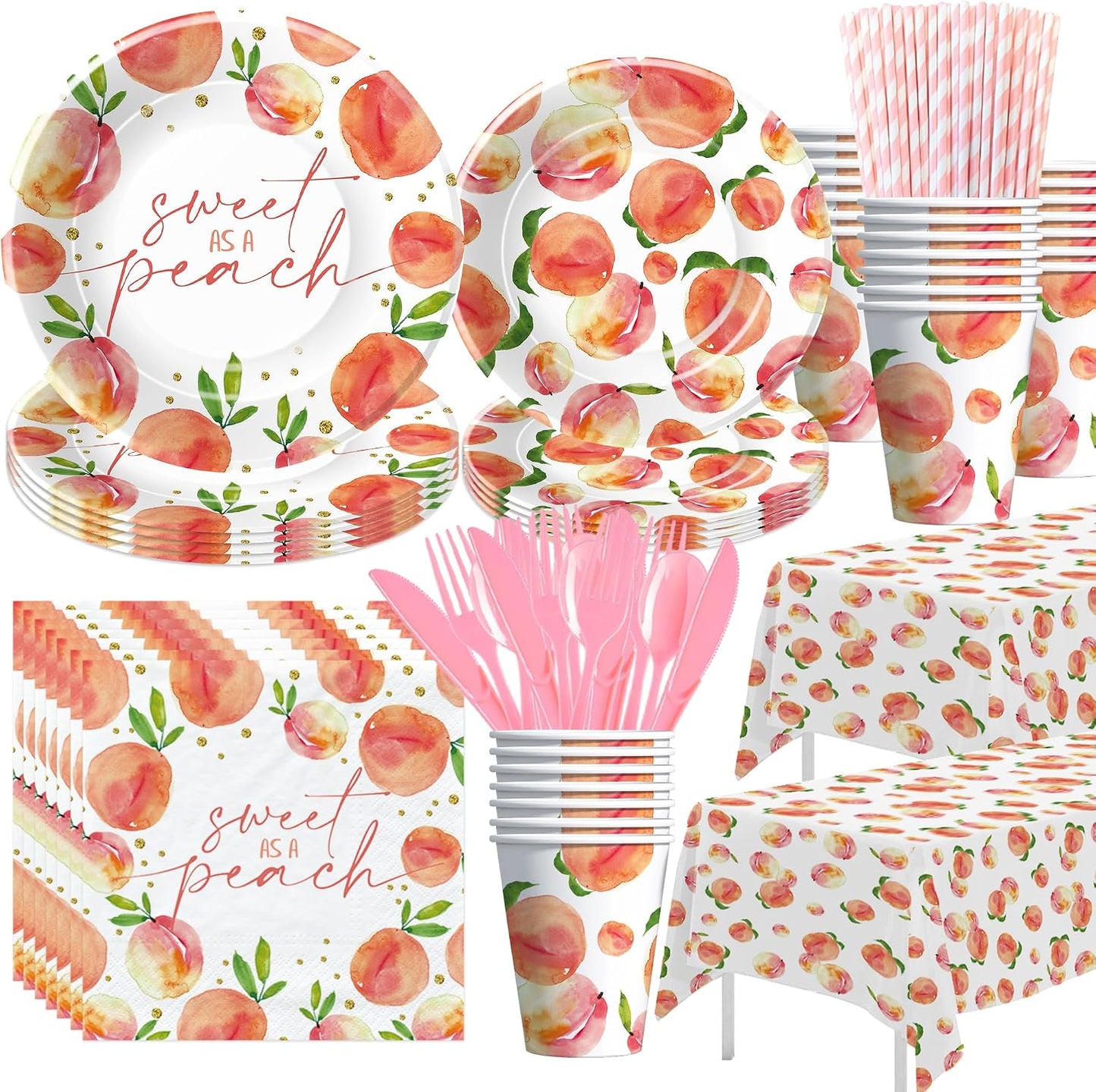 Peach Decorations Party Tableware - Fruit Theme One Sweet Peach Birthday Supplies, Plate, Cup, Napkin, Tablecloth, Cutlery, Baby Shower Decorations | Serves 24