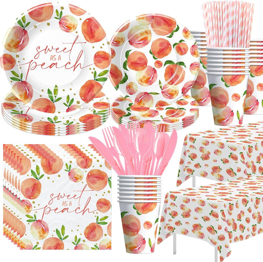 Peach Decorations Party Tableware - Fruit Theme One Sweet Peach Birthday Supplies, Plate, Cup, Napkin, Tablecloth, Cutlery, Baby Shower Decorations | Serves 24