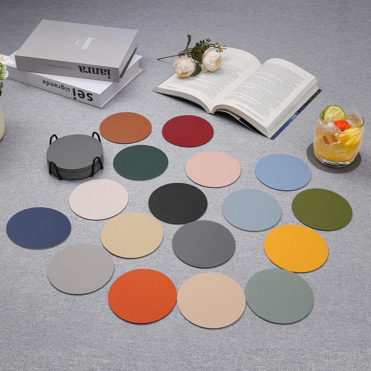 Drink Coasters with Holder, Faux Leather Coasters Sets of 12, Dual Sided Coasters for Coffee Tabletop Protection Non-Slip Washable Cup Coasters (Gray Pink)