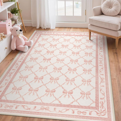 GENIMO Area Rugs 3X5 for Living Room Bedroom, Machine Washable Non Slip Flower Bow Rug, Low Pile Soft Cute Floral Rug for Dining Room Girls Room Nursery Room and Playroom, Pink Bow