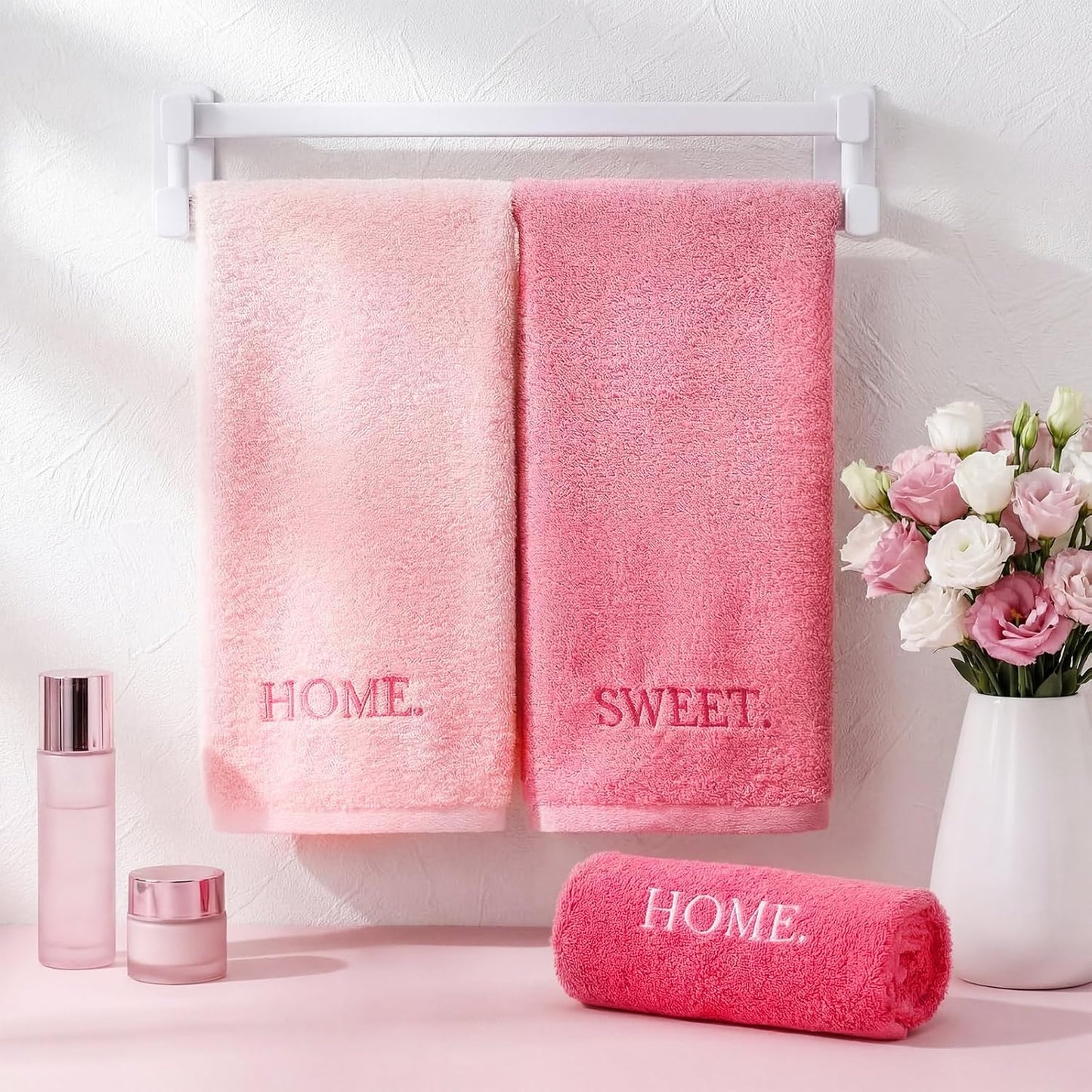 FuWeave 3 Pcs Farmhouse Decorative Hand Towels for Bathroom and Kitchen Rustic Embroidered Cotton Hand Towels Decorative Set for Boho Bathroom Decor(Pink,Home Sweet Home)