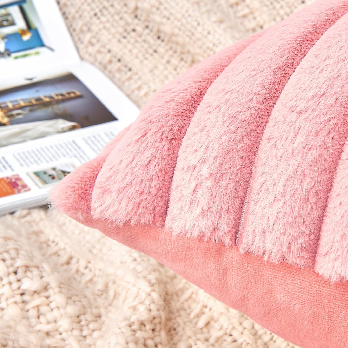 Throw Pillow Covers Decorative Faux Fur Set of 2 18x18 Inch Pillow Covers, Soft Pink Striped Pillowcases for Couch Sofa Bed Living Room, Fluffy Cute Home Boho Accent Fuzzy Decor