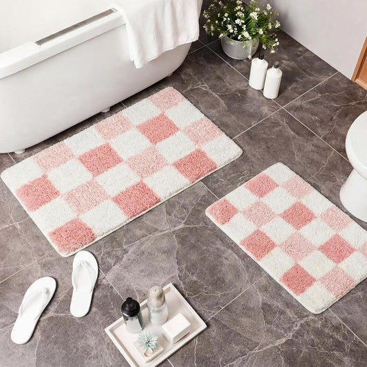Breling Bath Mat Set of 2 Pink Checkered Fluffy Absorbent Microfiber Rugs Non Slip Non Skid Bath Mats for Bathroom Floor Tub and Shower, Washable, Ultra Soft, Quick Dry (32 x 20 Plus 24 x 17 - Inches)