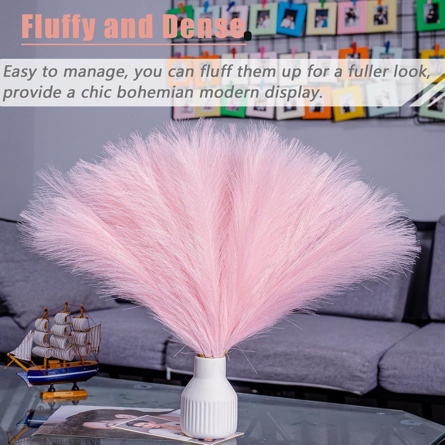 10 Stems Pink Pampas Grass Decor - 17.7" Faux Pampas Grass Artificial Fluffy Small Flower Arrangement and Vase Filler for Boho Home Wedding Mothers Day Decoration