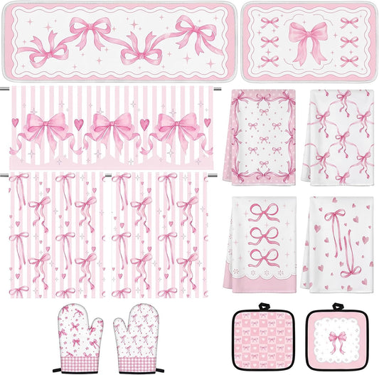 Britimes Pink Bows Kitchen Decor Sets Girly Coquette Watercolor Kitchen Sets for Housewarming Home Decorations Includes Valance Curtains Towels Rugs Oven Mitts Pot Holders Kitchen Accessories Set