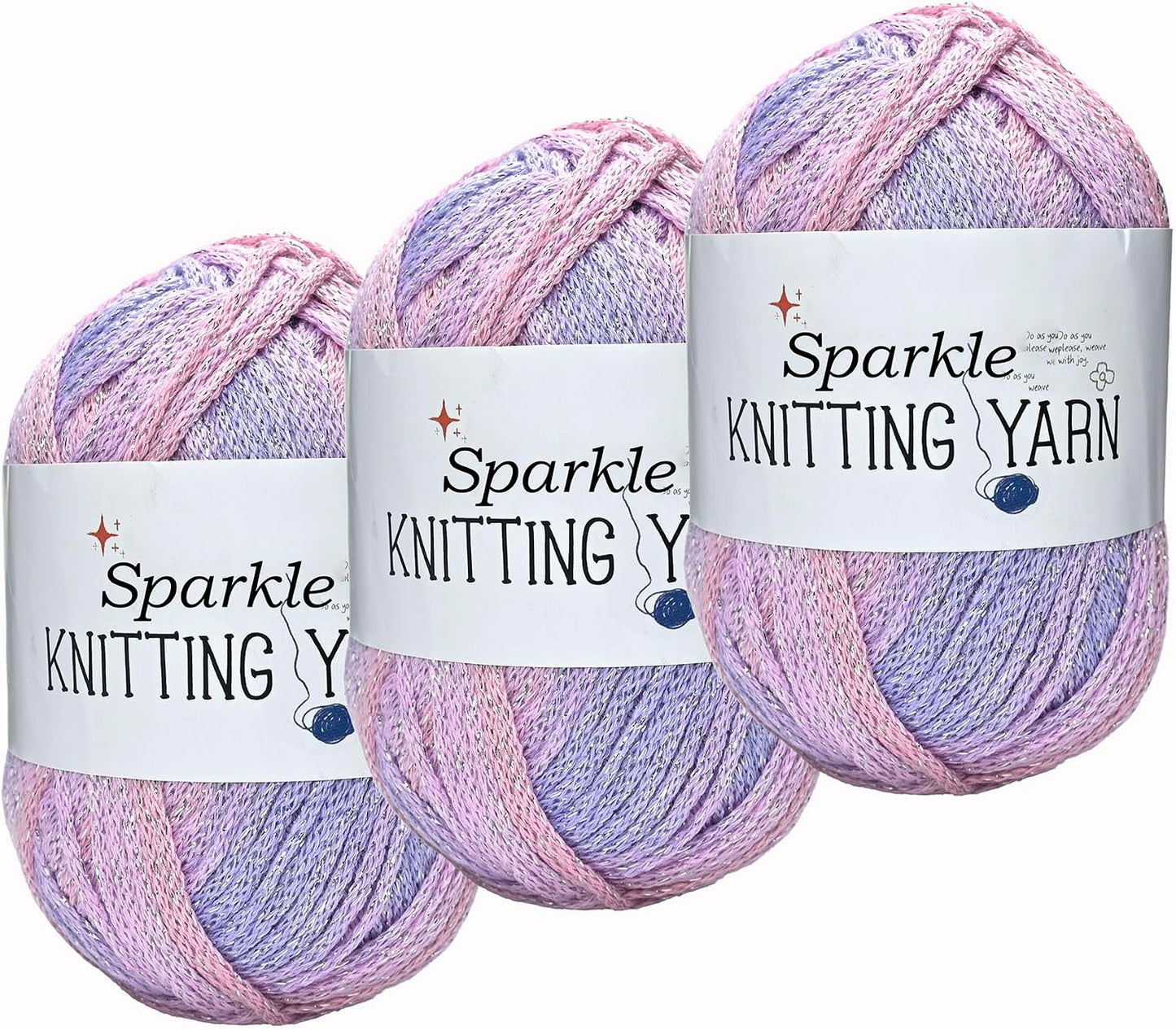 Sparkly Variegated Yarn for Crocheting-3 Pack of 100g/3.53oz-#4 Worsted (Medium)-Polyester Silver Metallic Blend Colorful Knitting Yarn for Handmade DIY Crafts-Pink&Purple