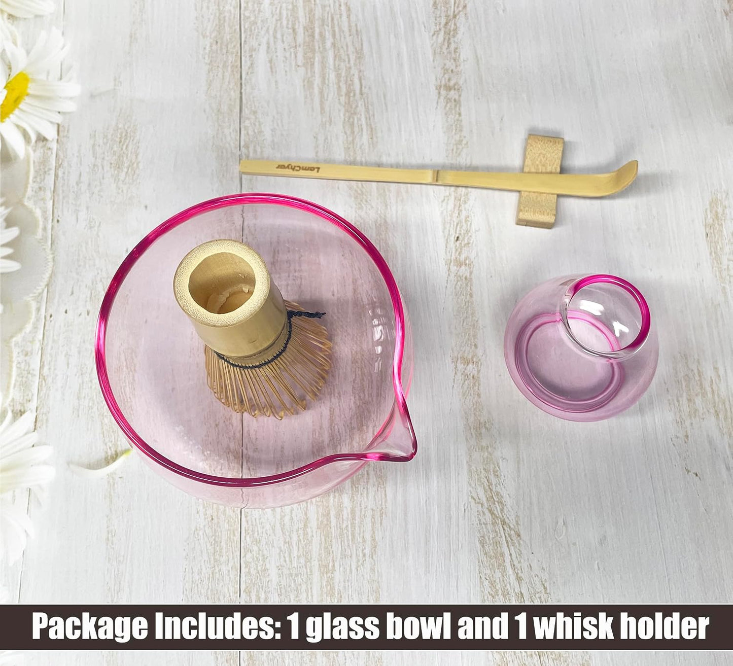 Matcha Bowl with Spout, Matcha Whisk Holder, Glass Matcha Bowl and Whisk Holder Set, Exquisite Matcha Set for Tea Ceremony(Pink)